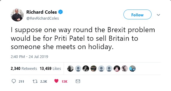 Screenshot_2019-07-25 Richard Coles on Twitter I suppose one way round the Brexit problem would be for Priti Patel to sell [...]